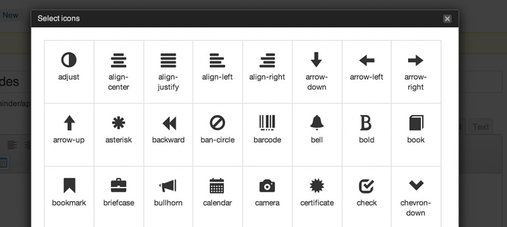 The glyphicon selection tool for adding Bootstrap icons.